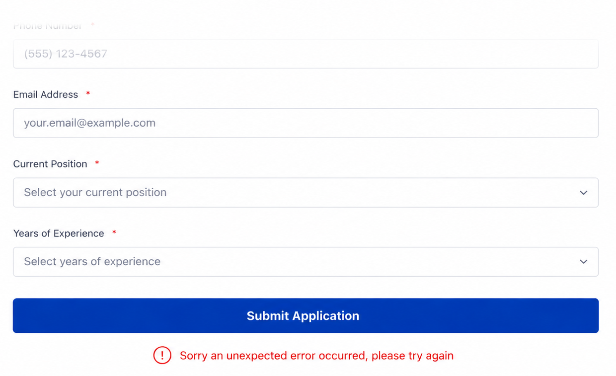 job application form submission unexpected error
